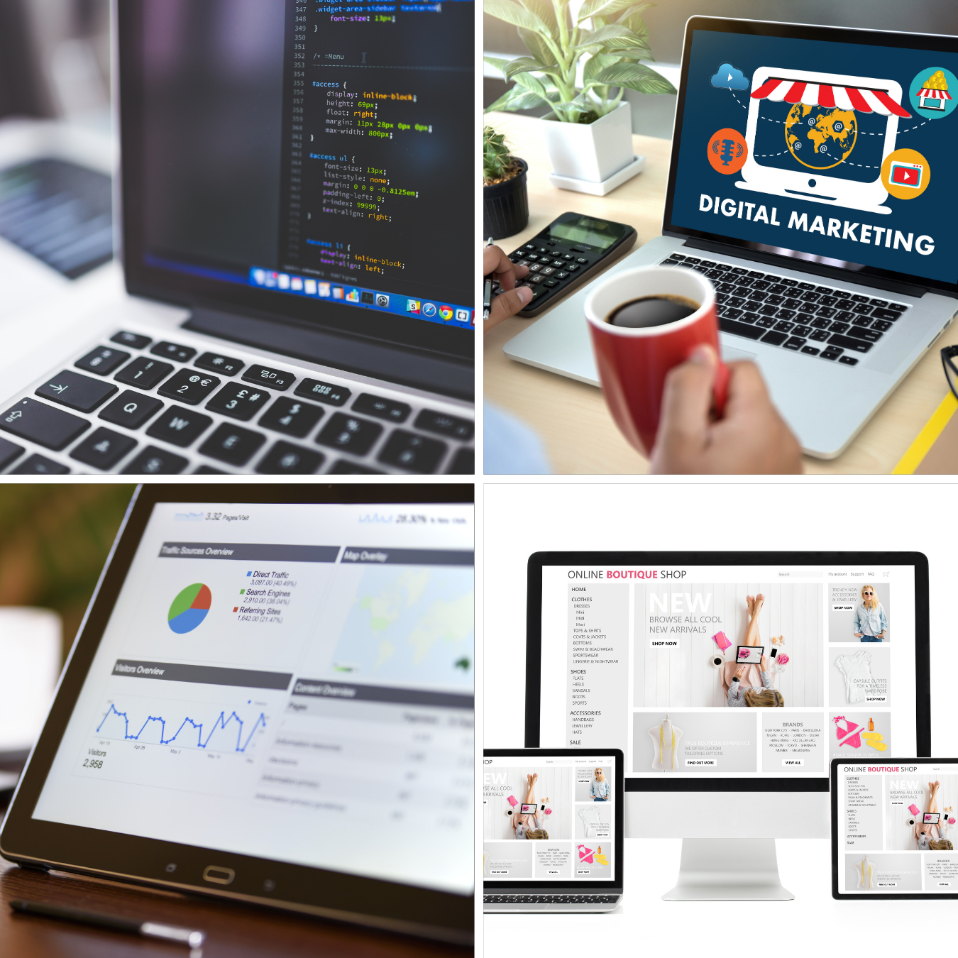 Collage showing digital marketing, web design and analytics